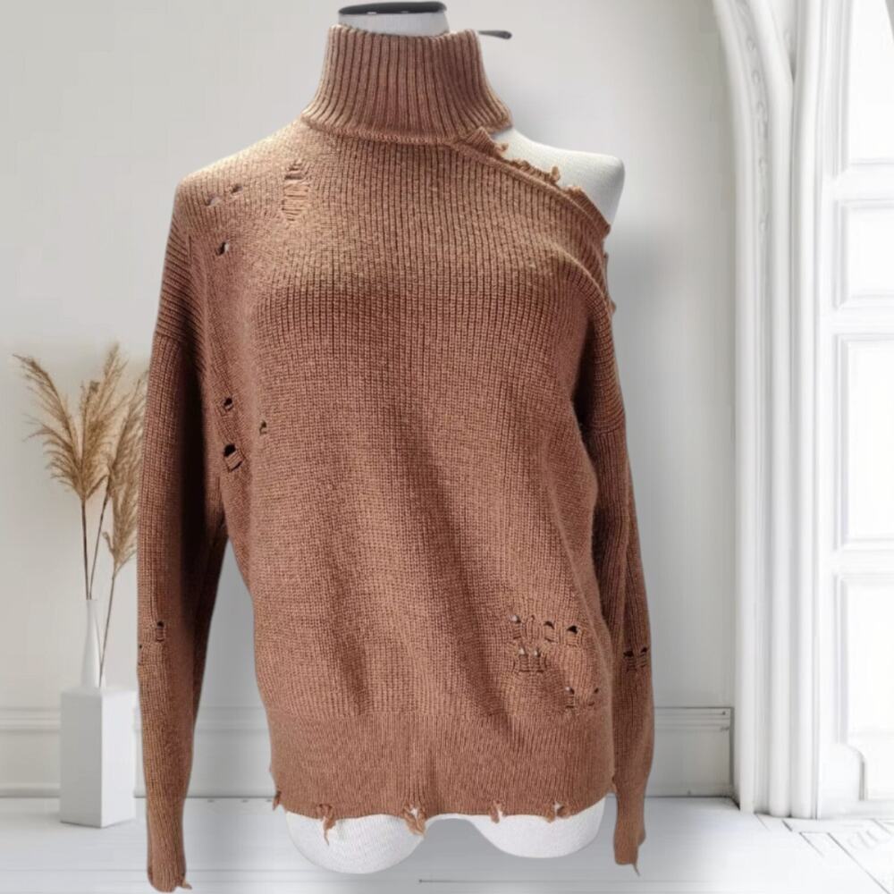 Lovers + Friends Arlington Distressed Sweater XS Camel Cutout Oversized Knit
